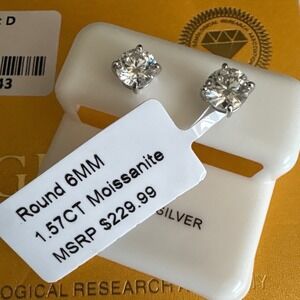 Moissanite Stud Earrings 1.57ct D VVS1 Round 6mm Sterling Silver SE07244-H